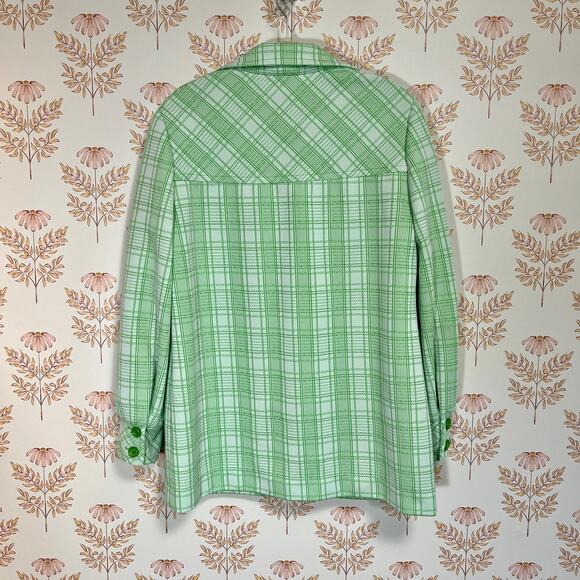 Vintage 70’s Double Knit Green and White Plaid Chore Shirt Jacket Polyester, EUC - Picture 9 of 9